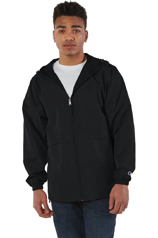 Men's fashion-forward parka-Champion Mens Wind & Water Resistant Full Zip Hooded Anorak Jacket - Black