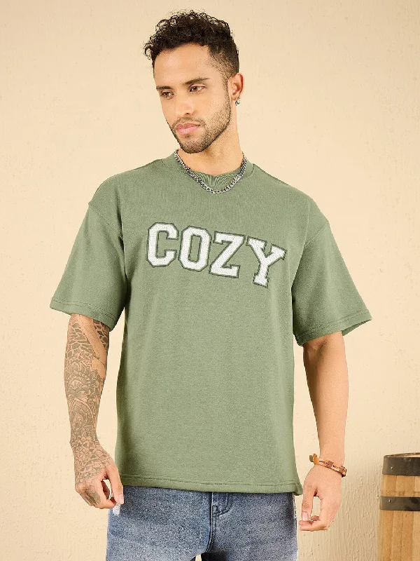 Men's workout fit t-shirt-Mineral Green Cozy Embroidered Oversized Tshirt