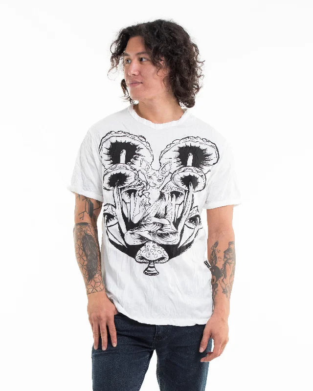 Men's geometric print t-shirt-Mens Spiritual Shroom Cat T-Shirt in White