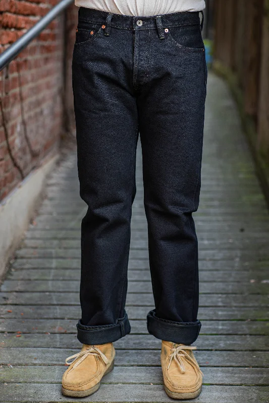 mens pocketed pants-Iron Heart IH-634S-B 21oz Selvedge Denim Straight Cut Jeans - Indigo Overdyed Black