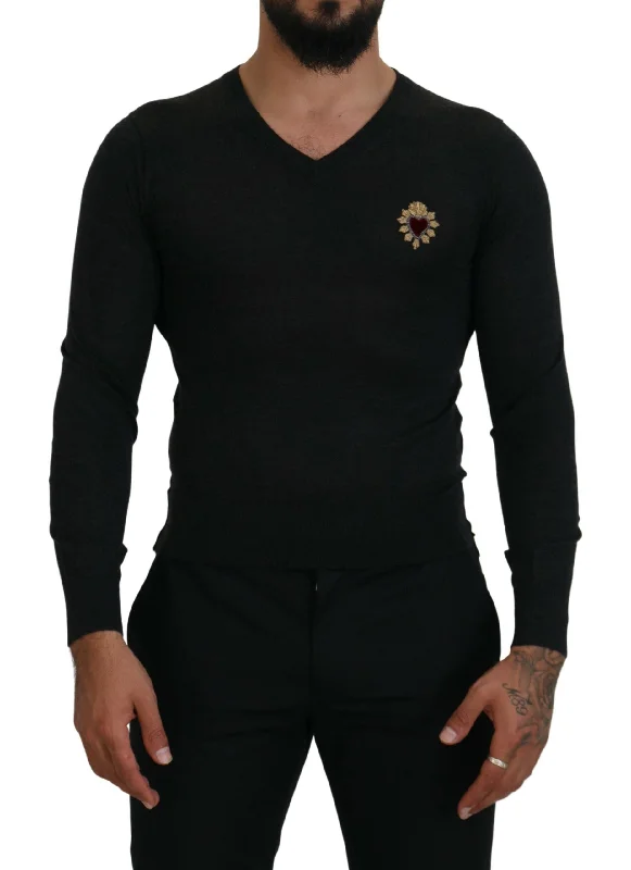 Men's wrinkle-resistant sweater-Dolce & Gabbana V-Neck Cashmere Sweater with Heart Men's Embroidery