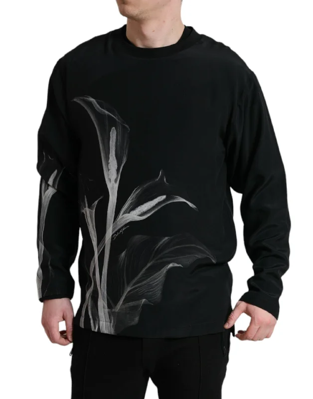 Men's button-up sweater-Dolce & Gabbana Floral Silk Crew Neck Men's Sweater