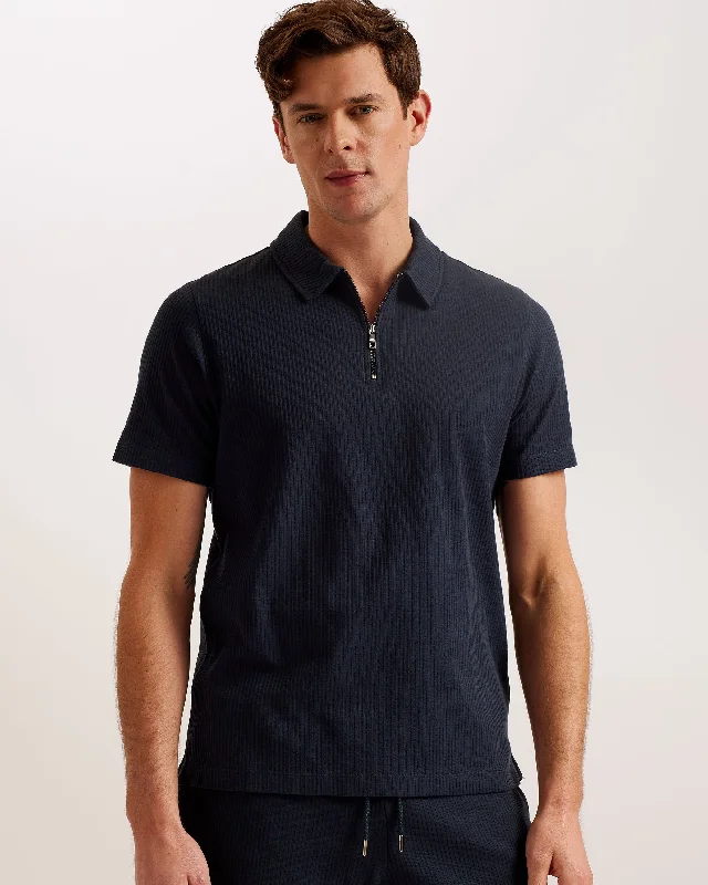 Men's summer office polo shirt-Zarkes Short Sleeve Ribbed Zip Polo Shirt Navy