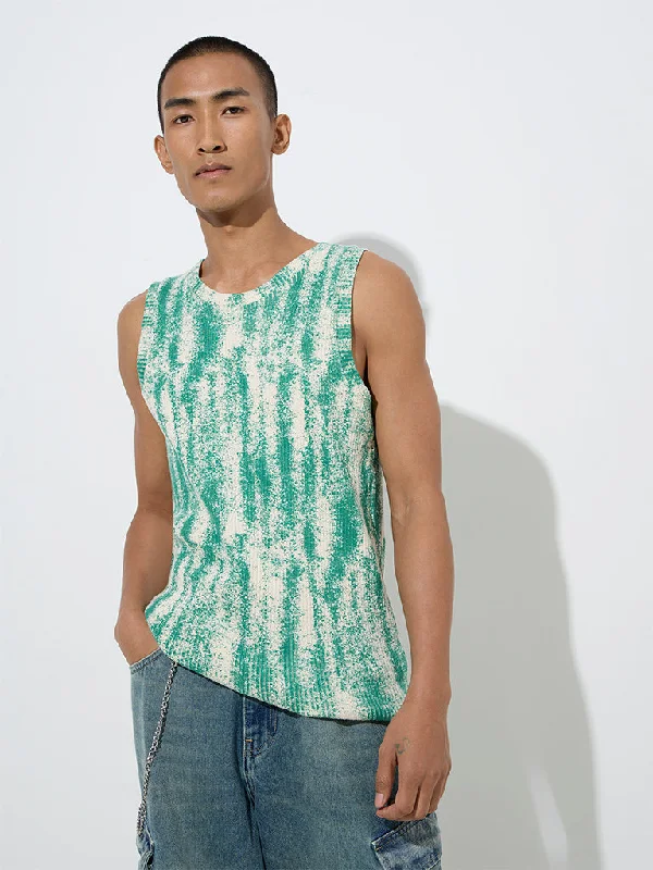 Men's weather-proof t-shirt-Nuon Green Tie-Dye Design Ribbed Slim-Fit Cotton T-Shirt