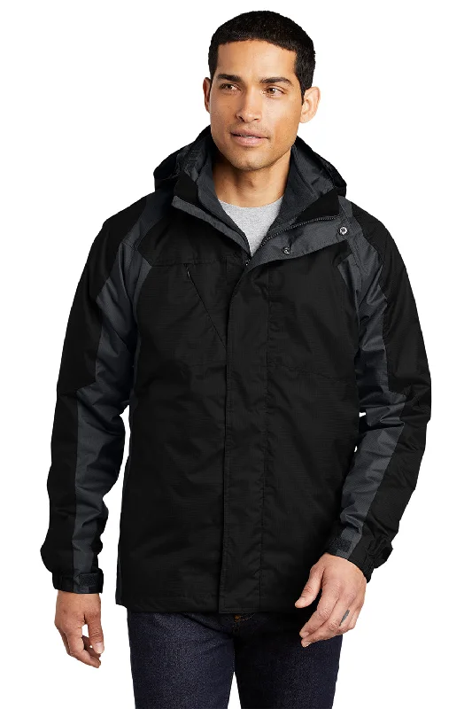 Men's breathable down jacket-Port Authority Mens Ranger 3-in-1 Waterproof Full Zip Hooded Jacket - Black/Ink Grey