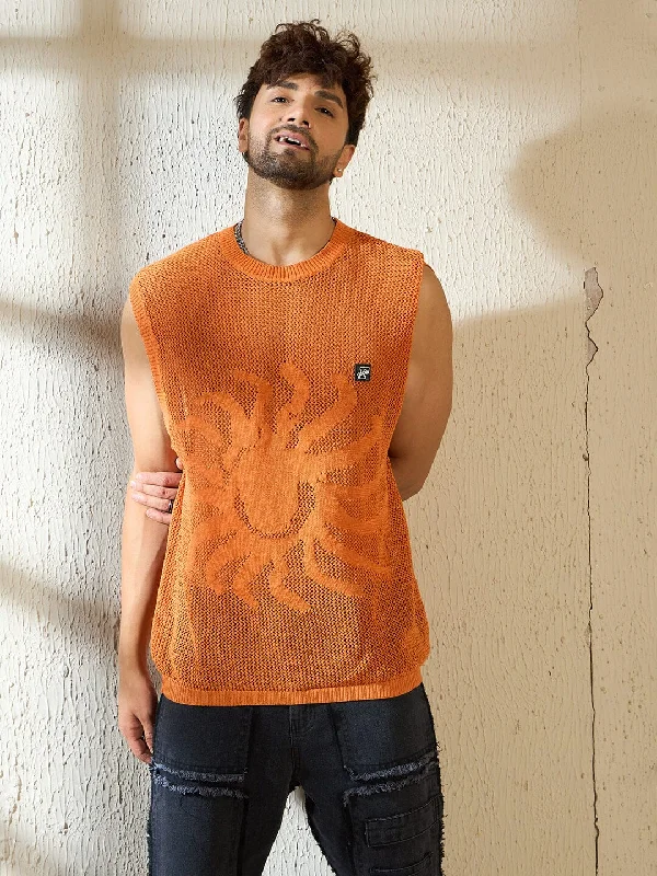 Men's antibacterial t-shirt-Rust Sun Graphic Crochet Vest